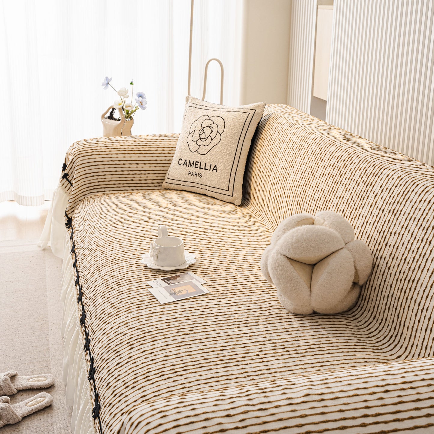 Ruffled Sofa Cover with Bowknot Decor, French Country Style Skirted Couch Slipcover