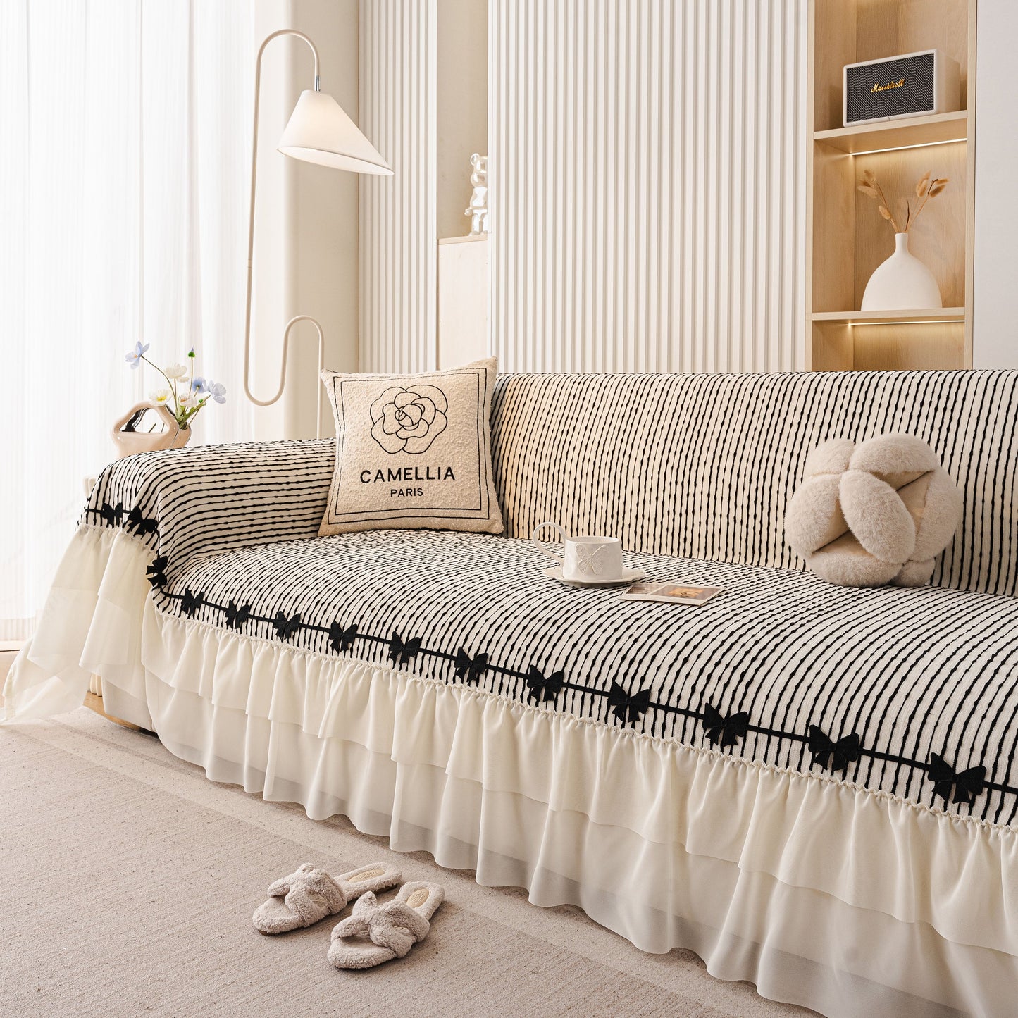 Ruffled Sofa Cover with Bowknot Decor, French Country Style Skirted Couch Slipcover