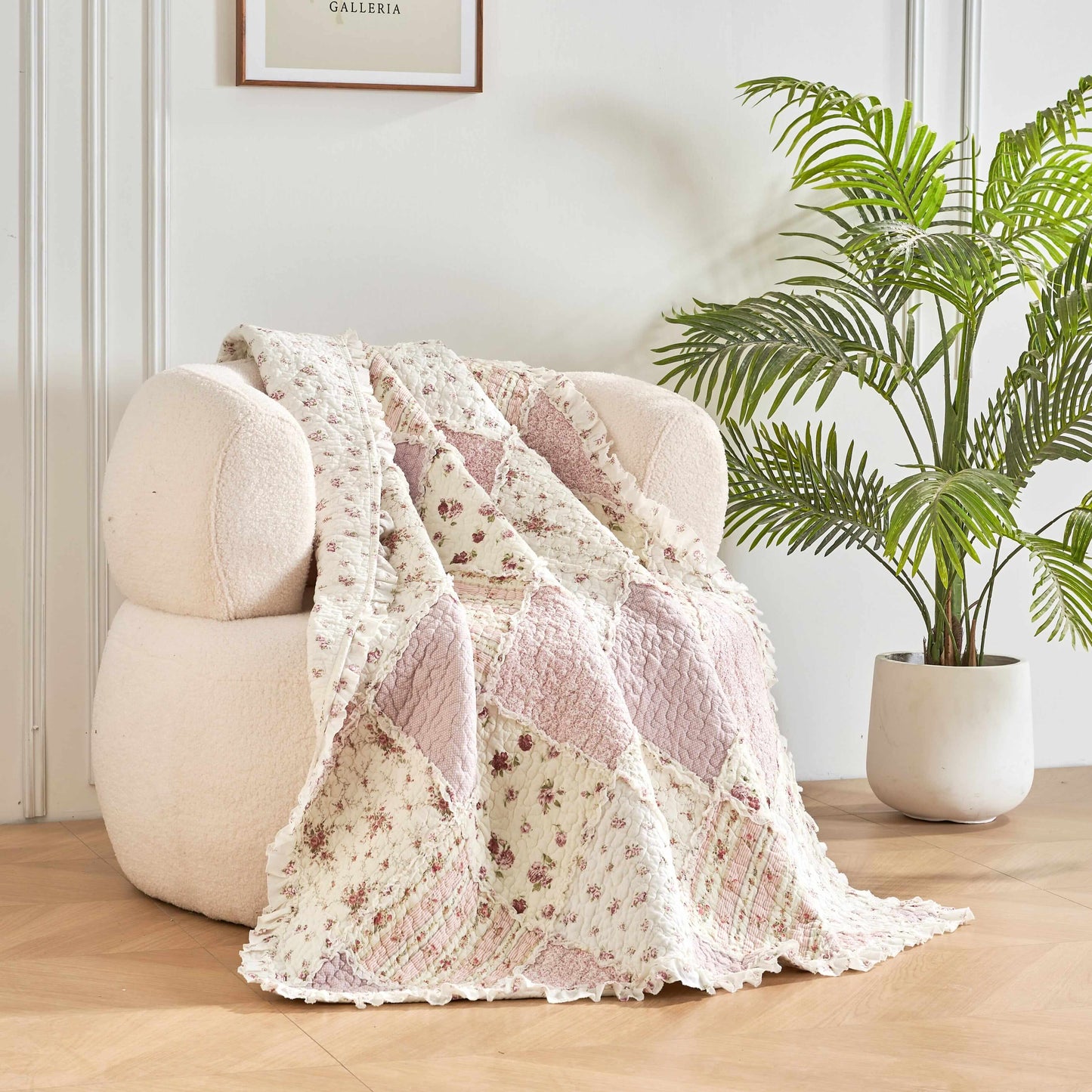 DaDalogy Cotton Patchwork Throw Blanket - Floral Cottage Quilted Reversible Blush Pink & Cream Shabby Chic Botanical Ruffle Design - Vintage Garden Rose Pastel Accents (3031)- 50 x 60