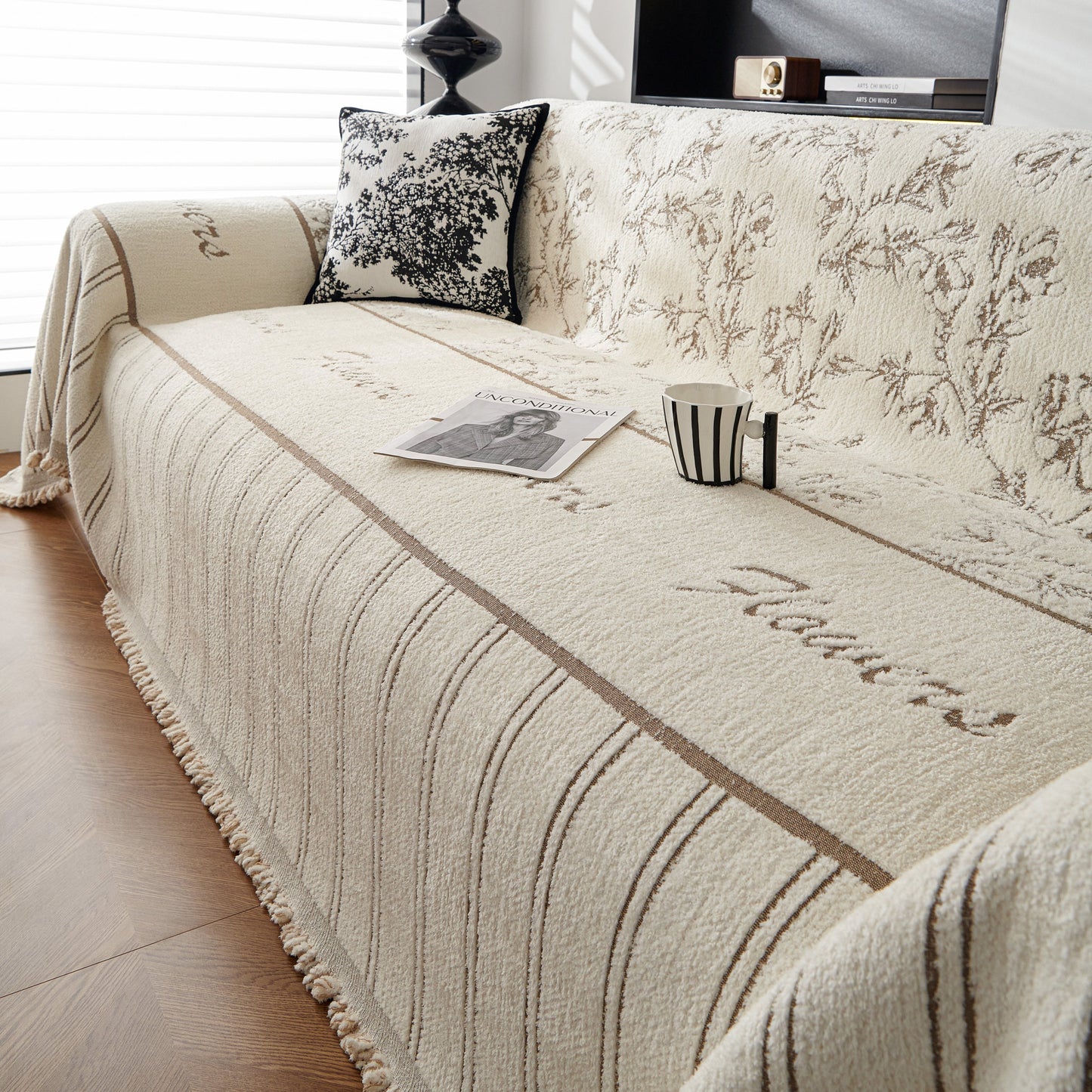 Chenille Striped Floral Couch Cover Sofa Slipcover for Most Shape Sofas, Reversible Sofa Throw Cover