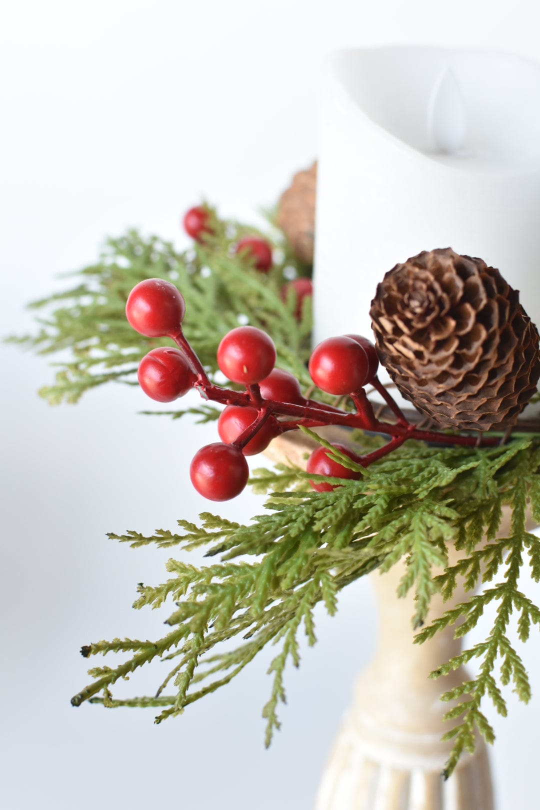 11" Faux Cedar Candle Ring With Pinecones/Berries (Fits up to a 3" Pillar Candle) CR2