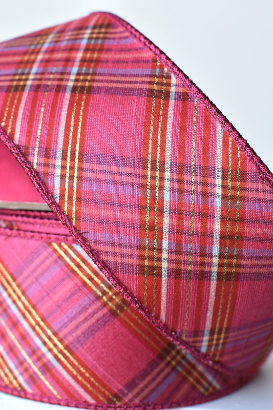 2.5" x 10yd Pink/Fuchsia/Red/Orange Plaid Dupioni Silk Ribbon