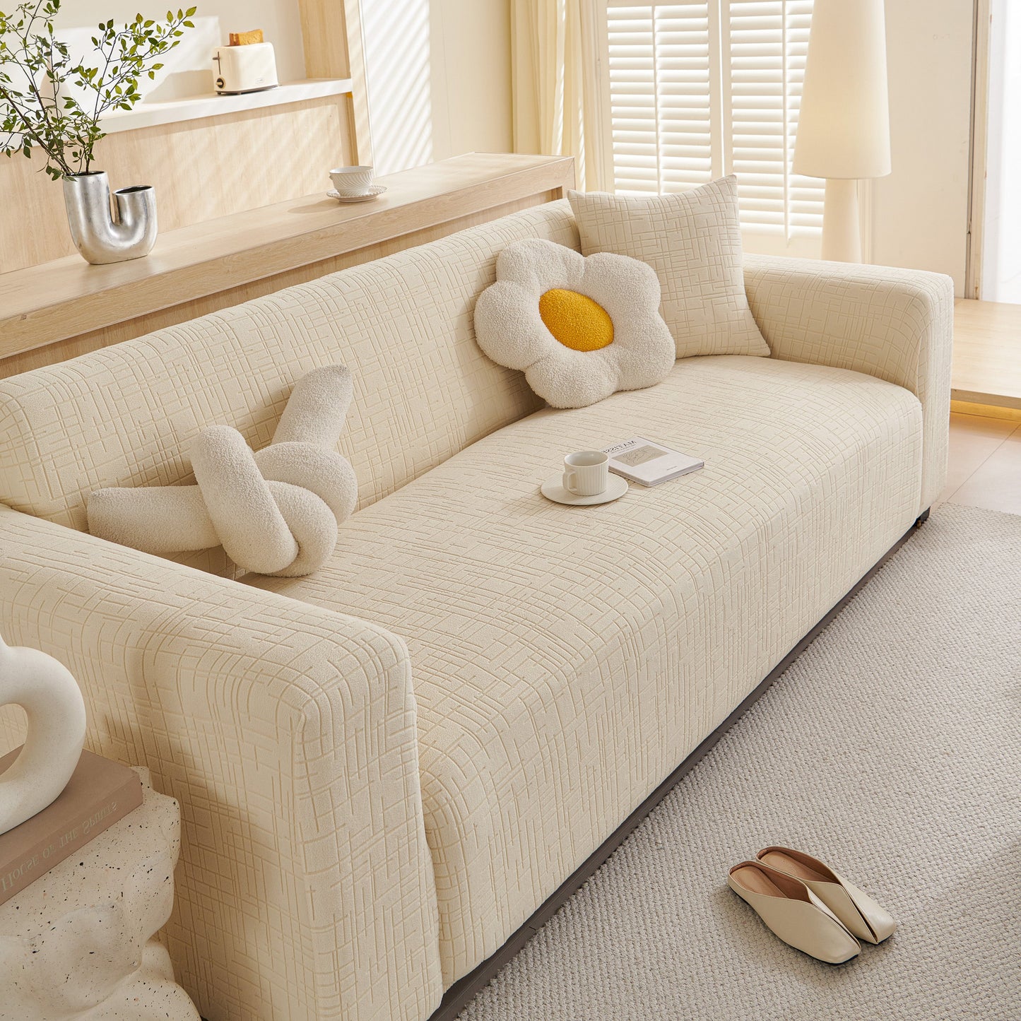 Embossed Lines Couch Covers Stretchable Non-Slip & Washable Sofa Slipcovers