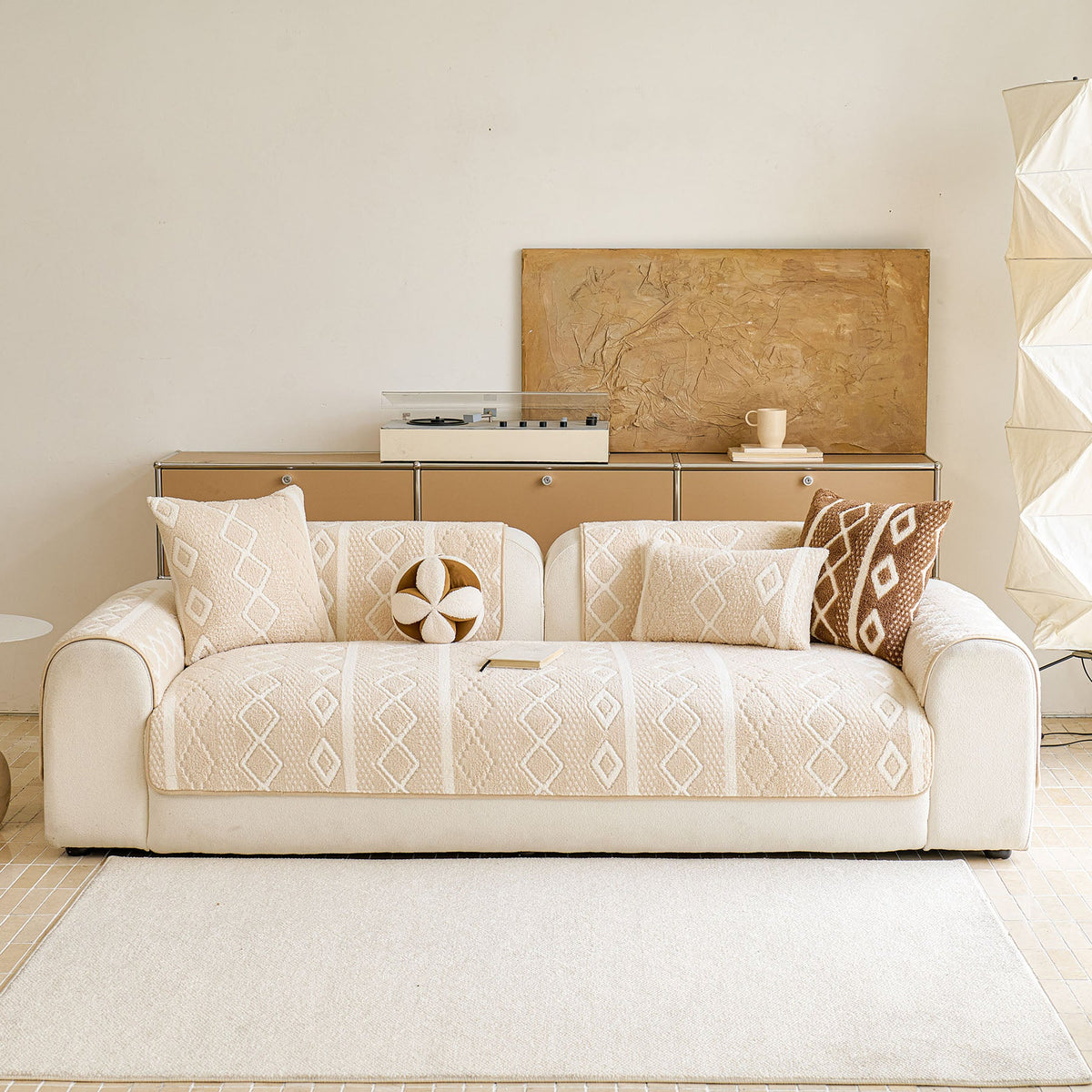 Thickened Plush Sofa Cover, Textured Geometric Couch Protector with Non-Slip Backing