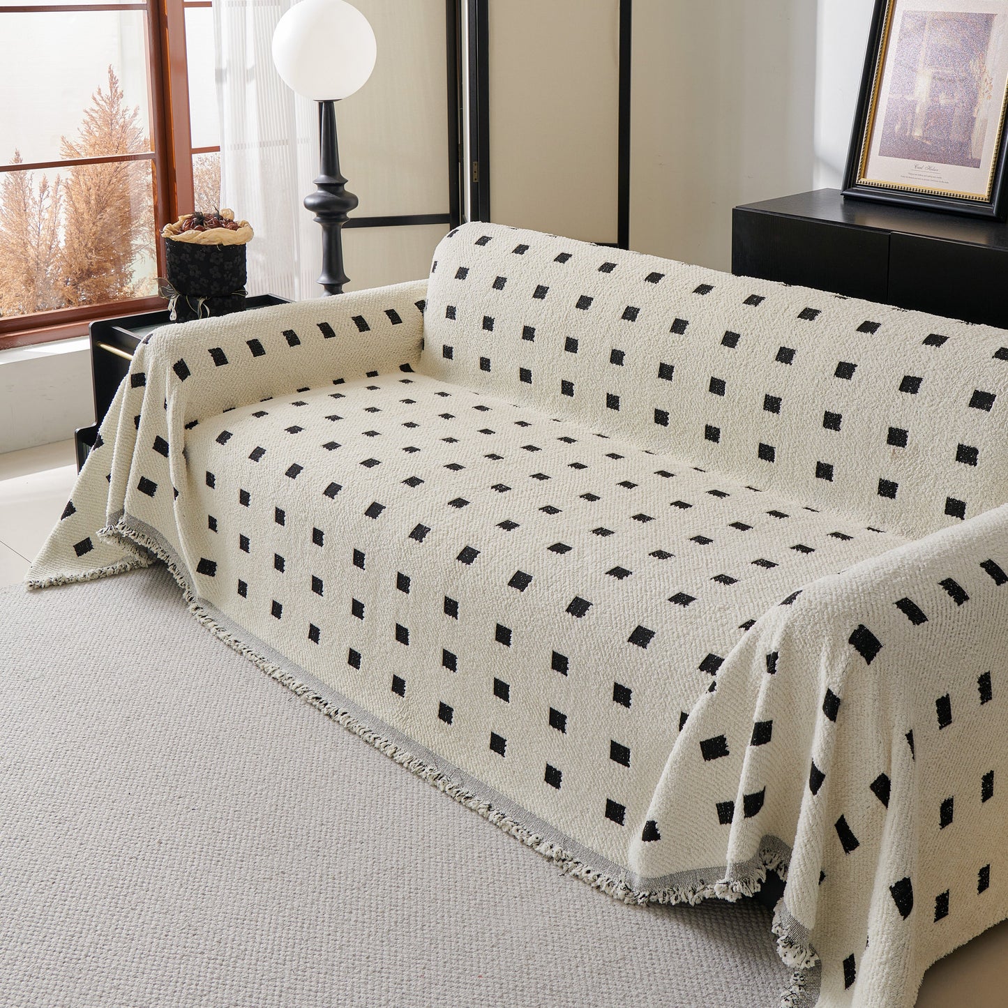 Sofa Throw Blanket with Woven Geometric Pattern & Tassels, Soft & Thick Couch Cover