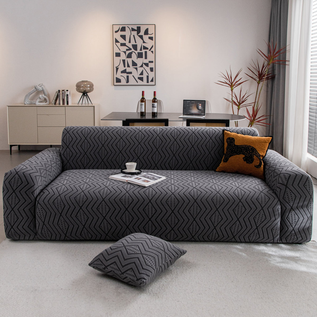 Modern Geometric Jacquard Sofa Slipcover, High Stretch 1-Piece Textured Couch Cover