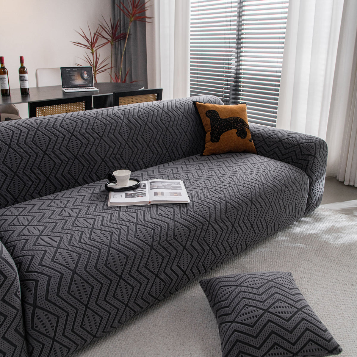 Modern Geometric Jacquard Sofa Slipcover, High Stretch 1-Piece Textured Couch Cover
