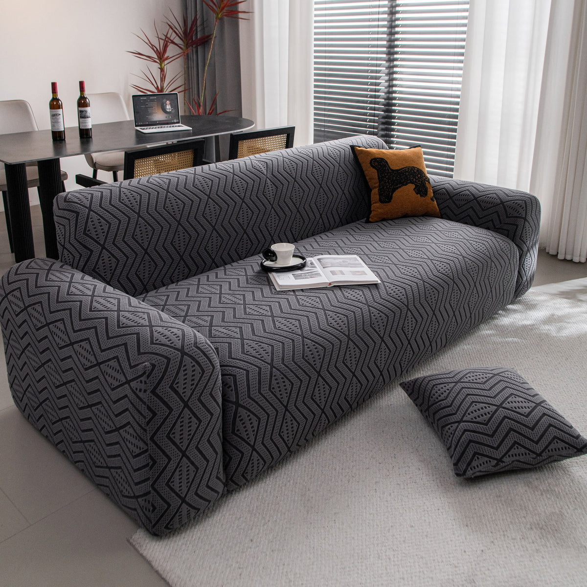 Modern Geometric Jacquard Sofa Slipcover, High Stretch 1-Piece Textured Couch Cover