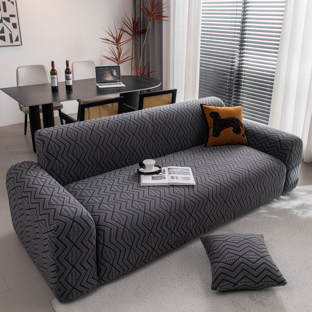 Modern Geometric Jacquard Sofa Slipcover, High Stretch 1-Piece Textured Couch Cover