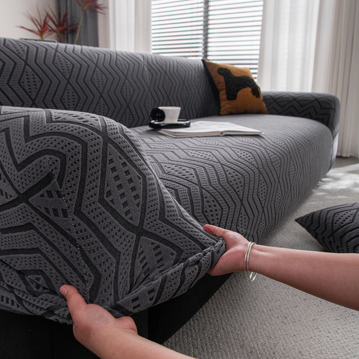 Modern Geometric Jacquard Sofa Slipcover, High Stretch 1-Piece Textured Couch Cover