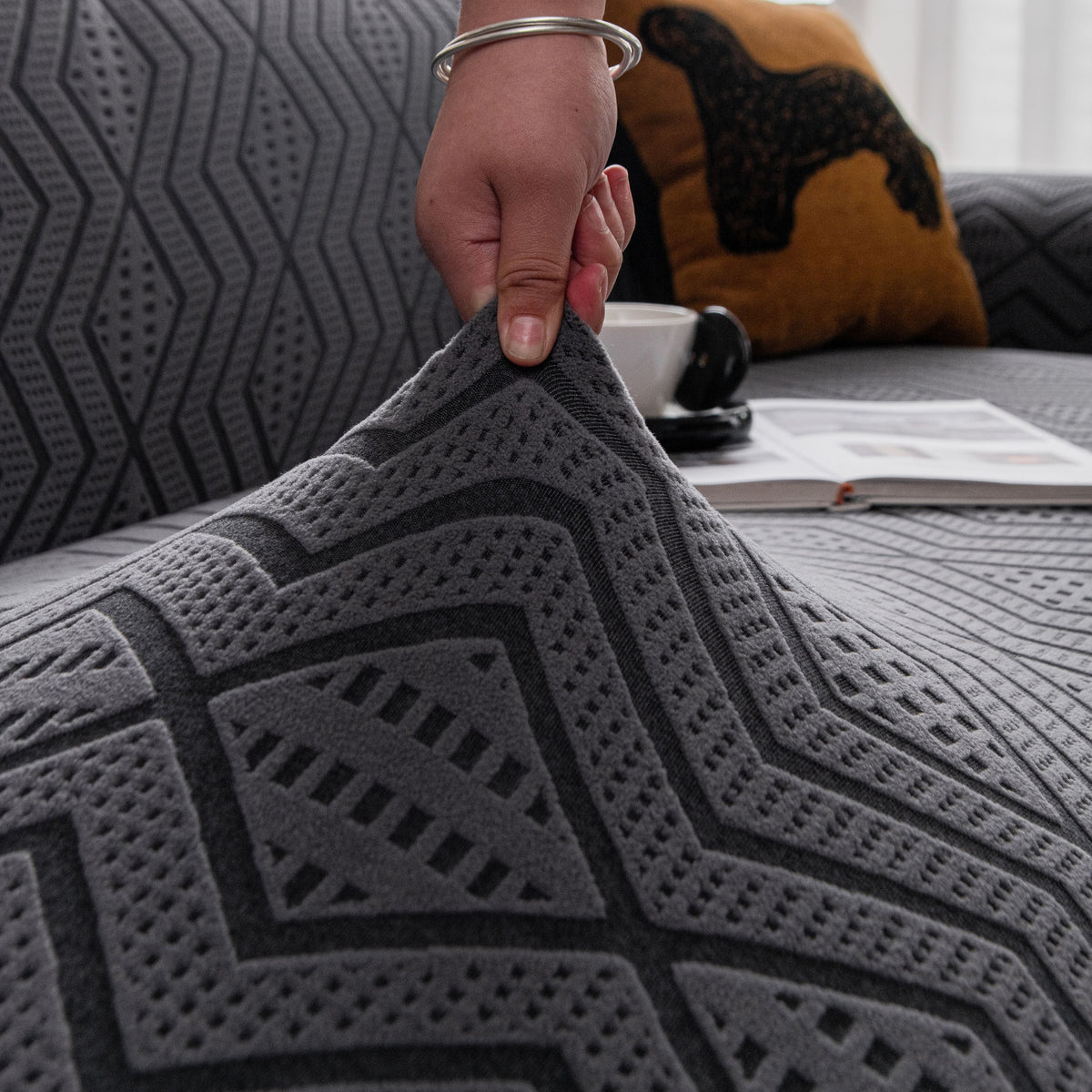 Modern Geometric Jacquard Sofa Slipcover, High Stretch 1-Piece Textured Couch Cover