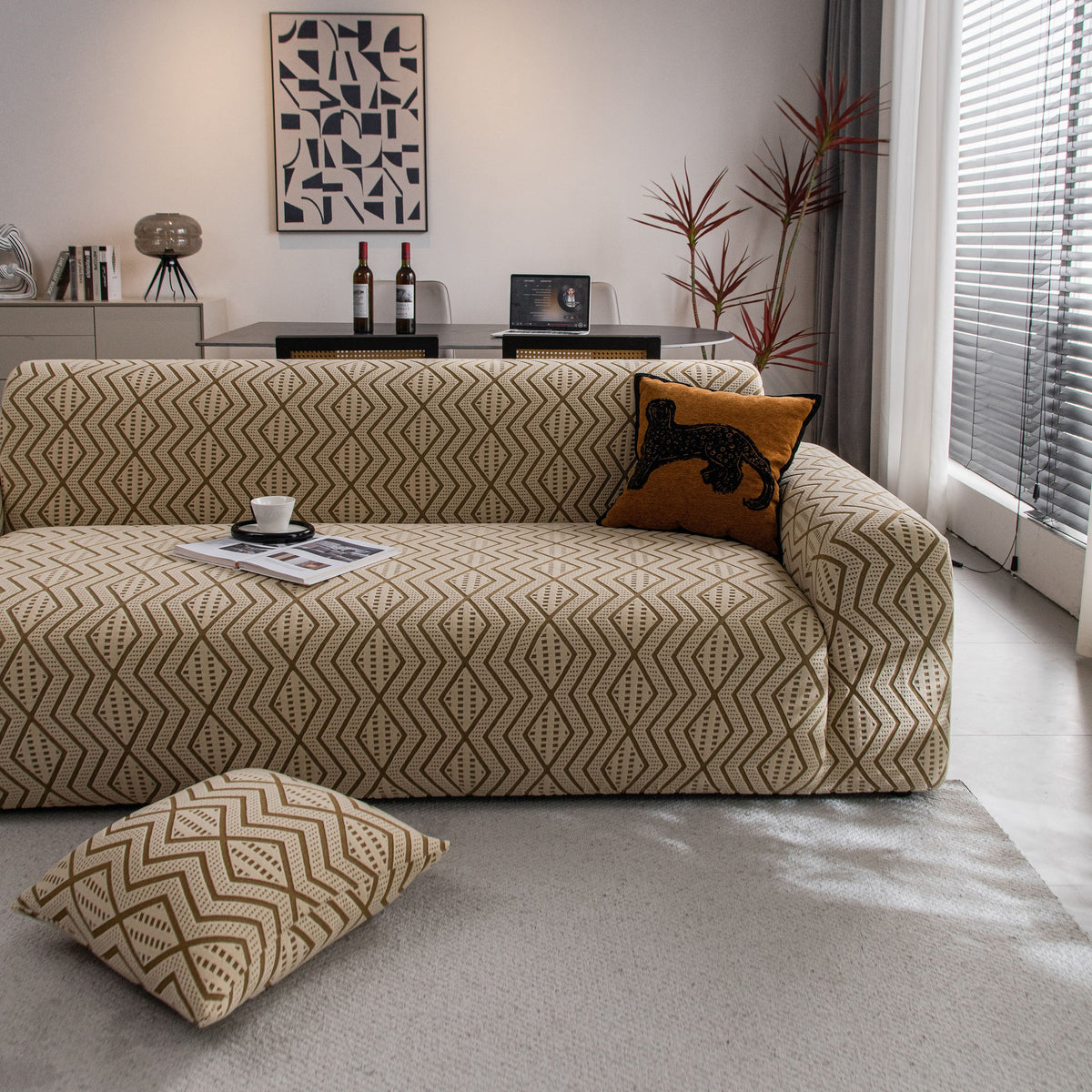 Modern Geometric Jacquard Sofa Slipcover, High Stretch 1-Piece Textured Couch Cover