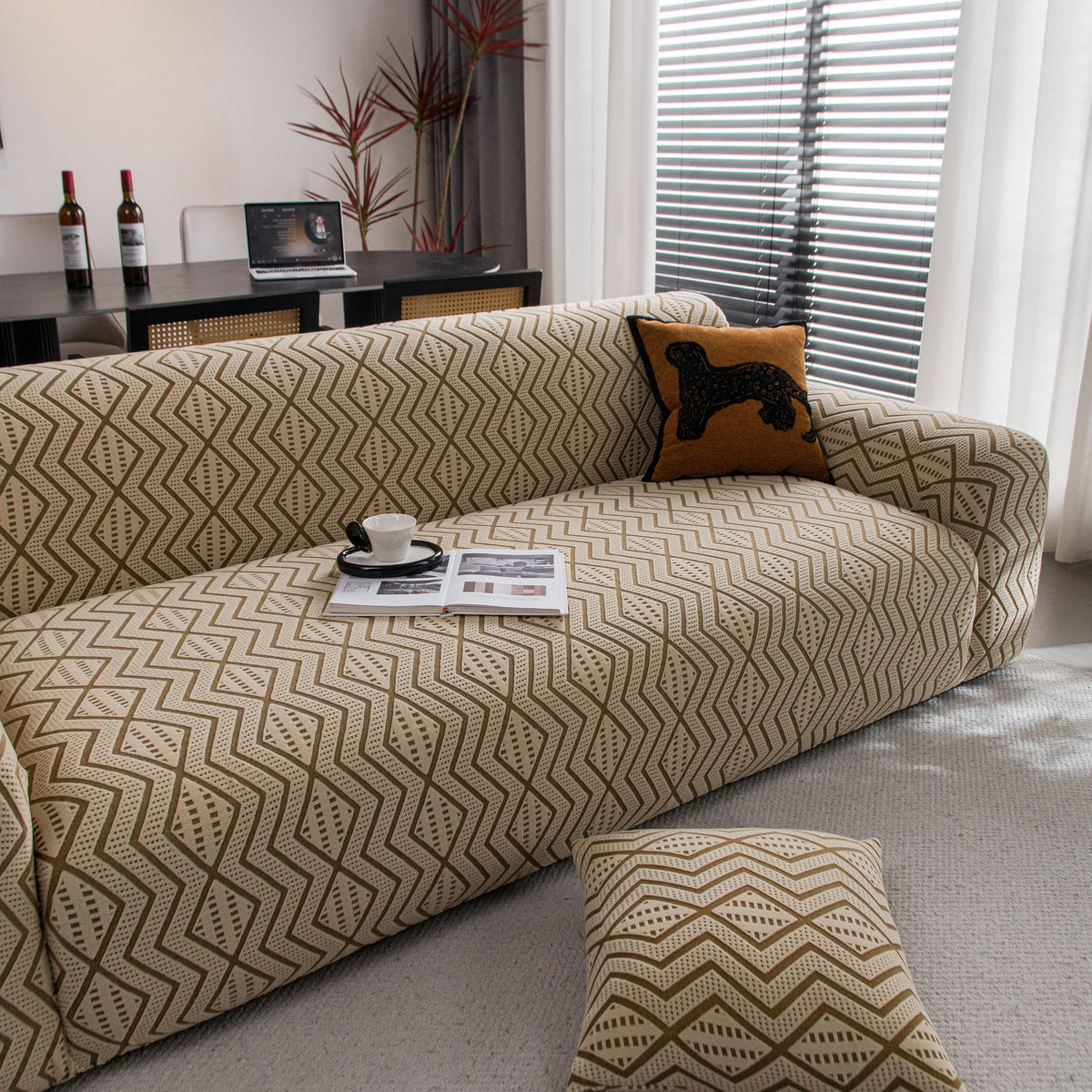 Modern Geometric Jacquard Sofa Slipcover, High Stretch 1-Piece Textured Couch Cover