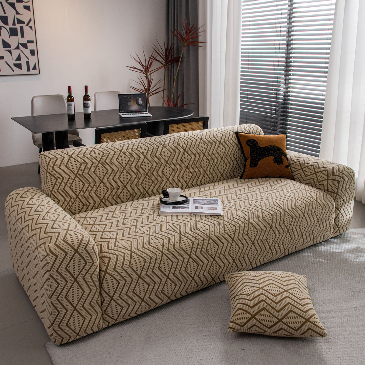 Modern Geometric Jacquard Sofa Slipcover, High Stretch 1-Piece Textured Couch Cover