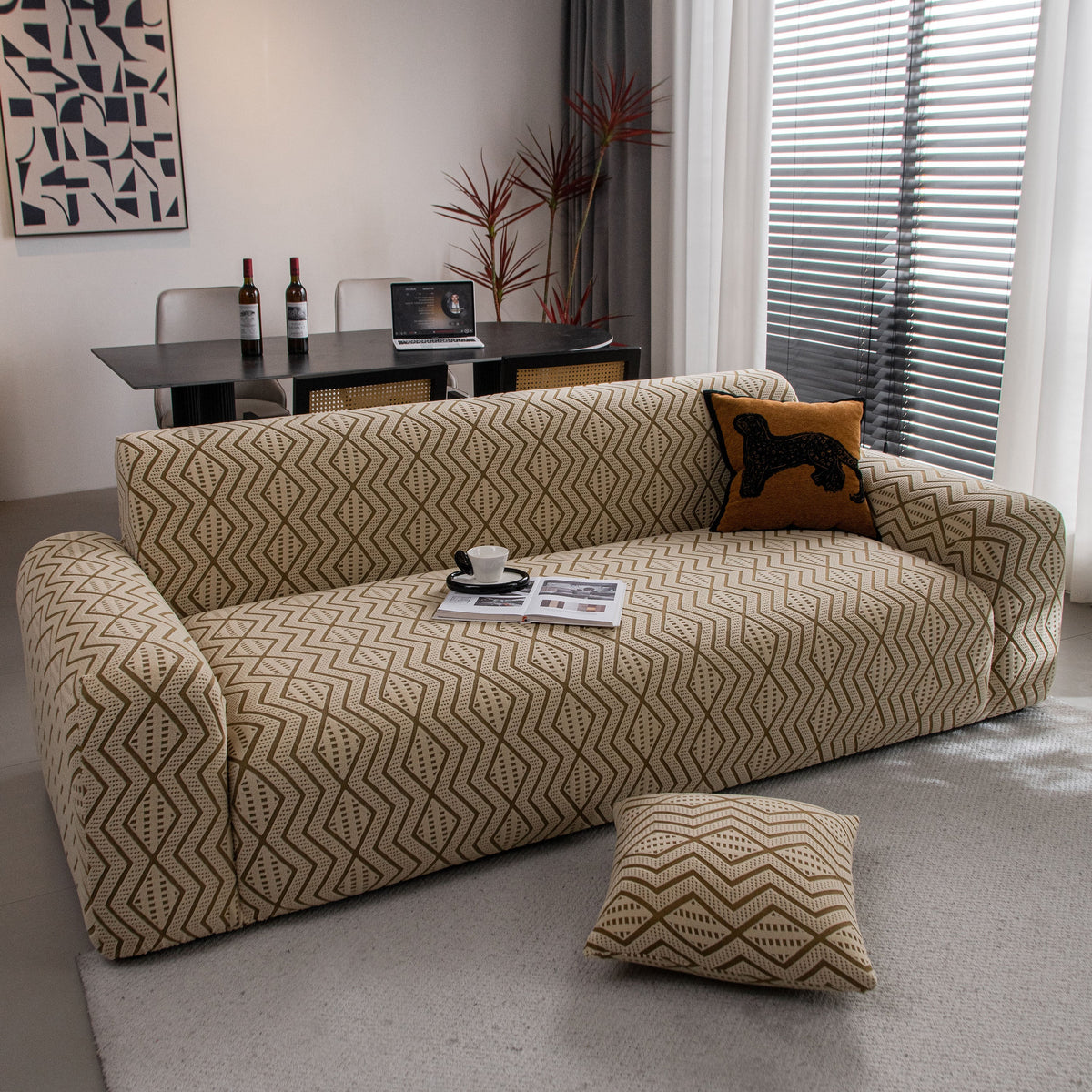 Modern Geometric Jacquard Sofa Slipcover, High Stretch 1-Piece Textured Couch Cover