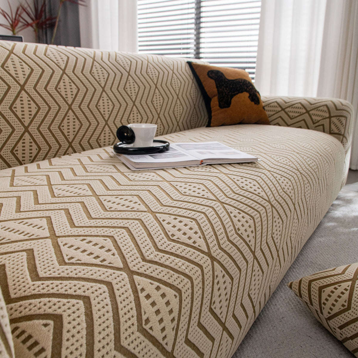 Modern Geometric Jacquard Sofa Slipcover, High Stretch 1-Piece Textured Couch Cover