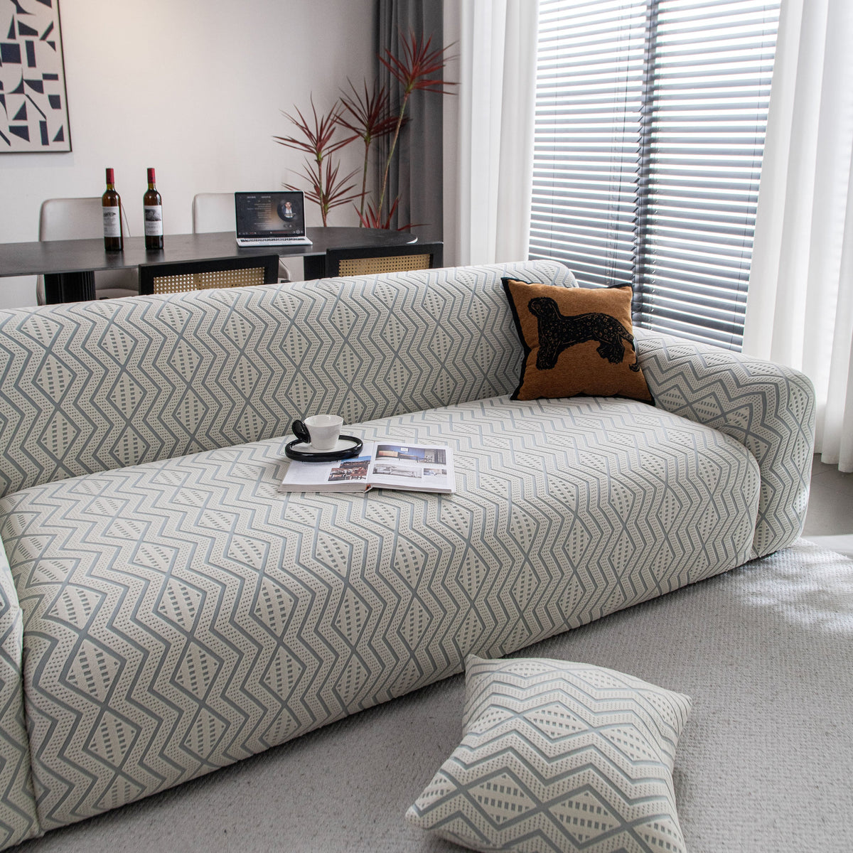 Modern Geometric Jacquard Sofa Slipcover, High Stretch 1-Piece Textured Couch Cover