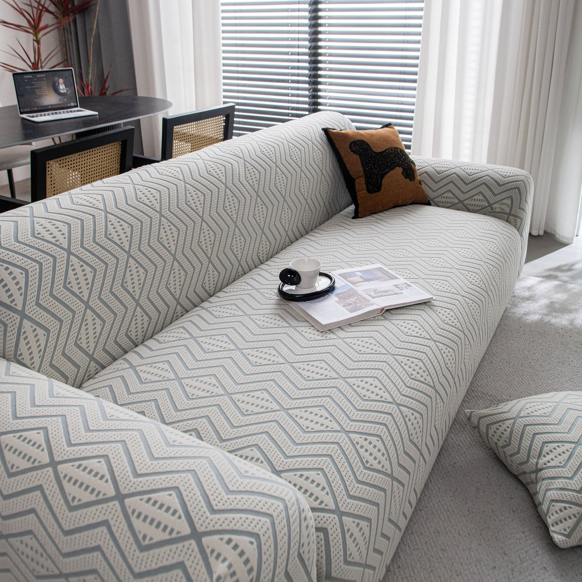 Modern Geometric Jacquard Sofa Slipcover, High Stretch 1-Piece Textured Couch Cover