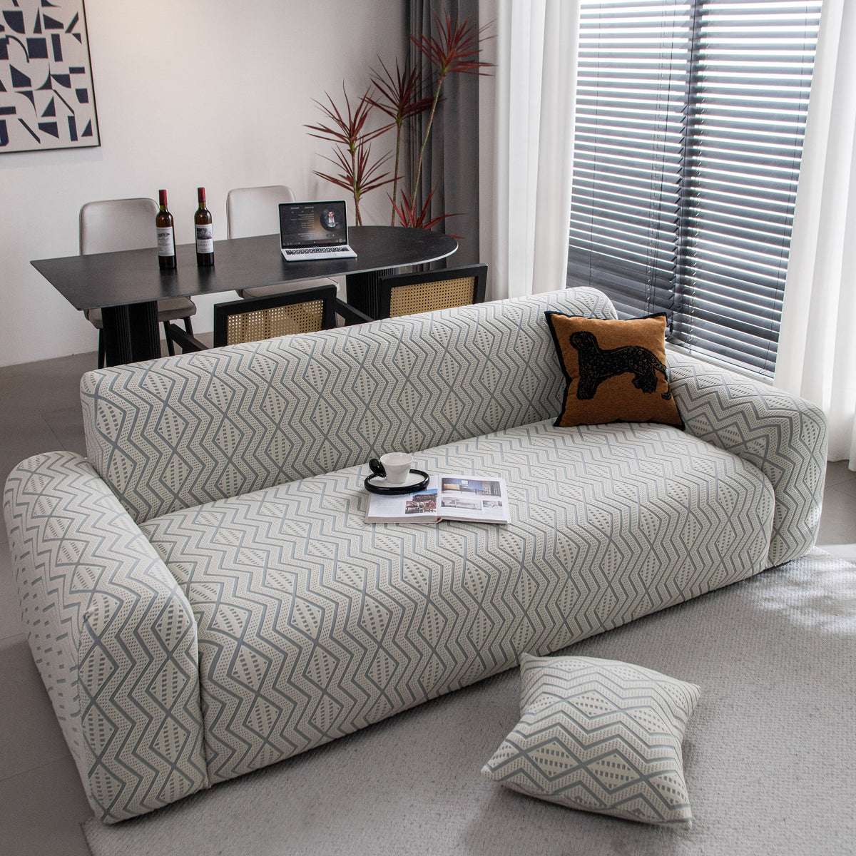 Modern Geometric Jacquard Sofa Slipcover, High Stretch 1-Piece Textured Couch Cover
