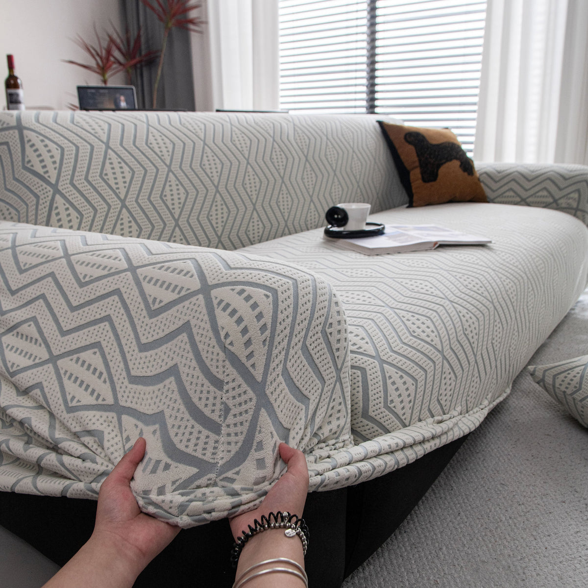 Modern Geometric Jacquard Sofa Slipcover, High Stretch 1-Piece Textured Couch Cover