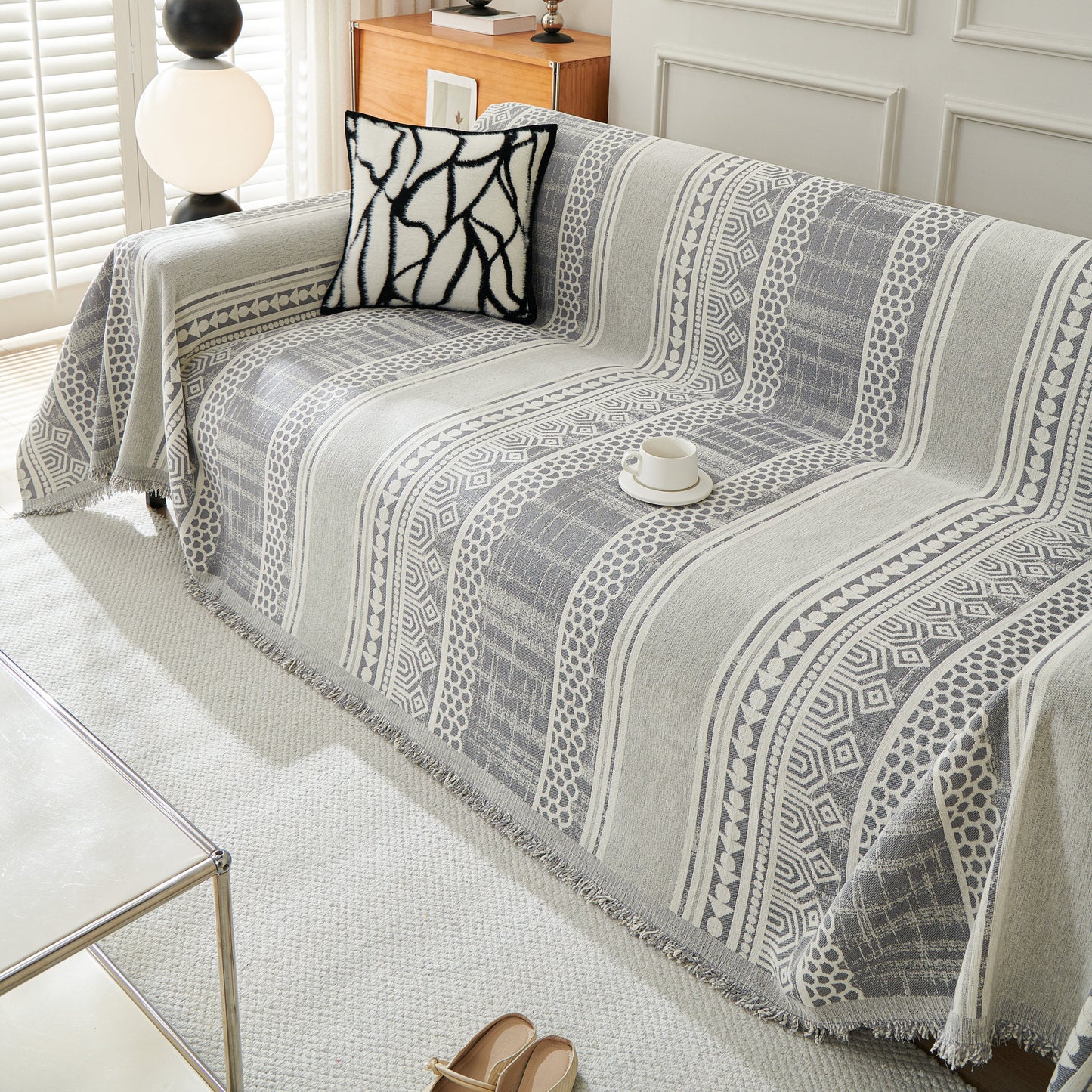 Chenille Sofa Cover Throw Blanket, Boho Geometric Scratch Proof Couch Protector