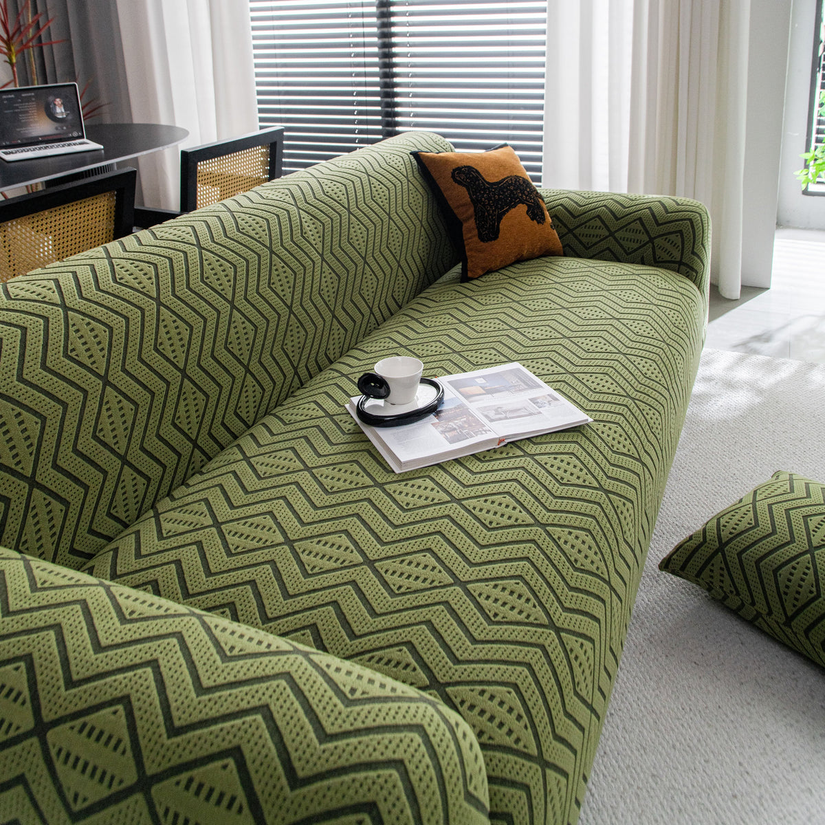 Modern Geometric Jacquard Sofa Slipcover, High Stretch 1-Piece Textured Couch Cover