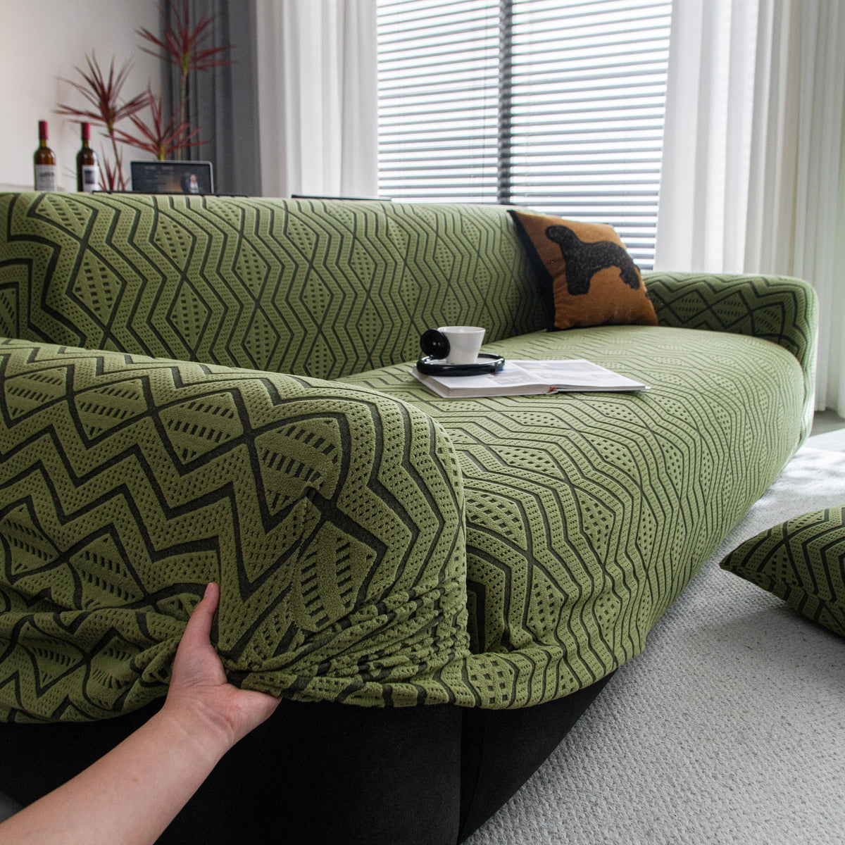 Modern Geometric Jacquard Sofa Slipcover, High Stretch 1-Piece Textured Couch Cover