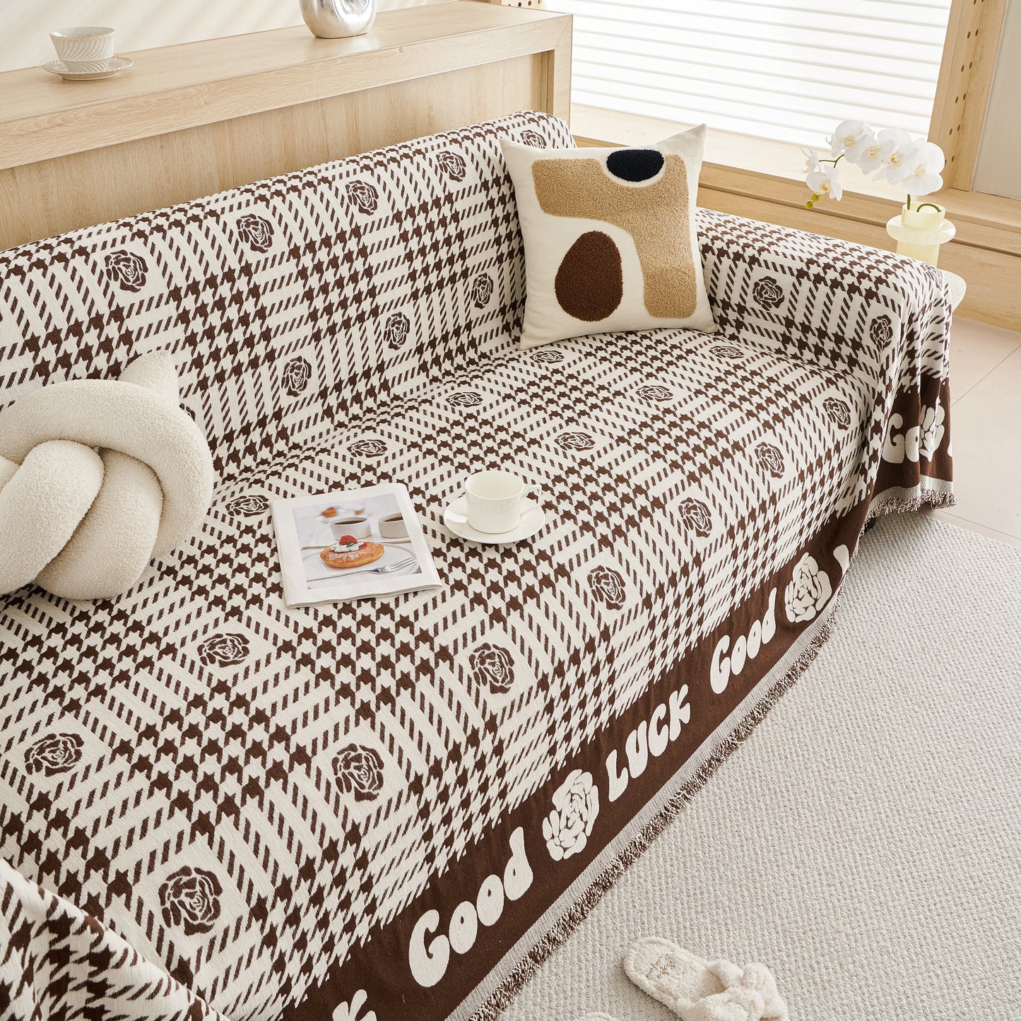 Chenille Houndstooth Sofa Throw Cover, Scratch Proof Cozy Throw Blankets for Couch