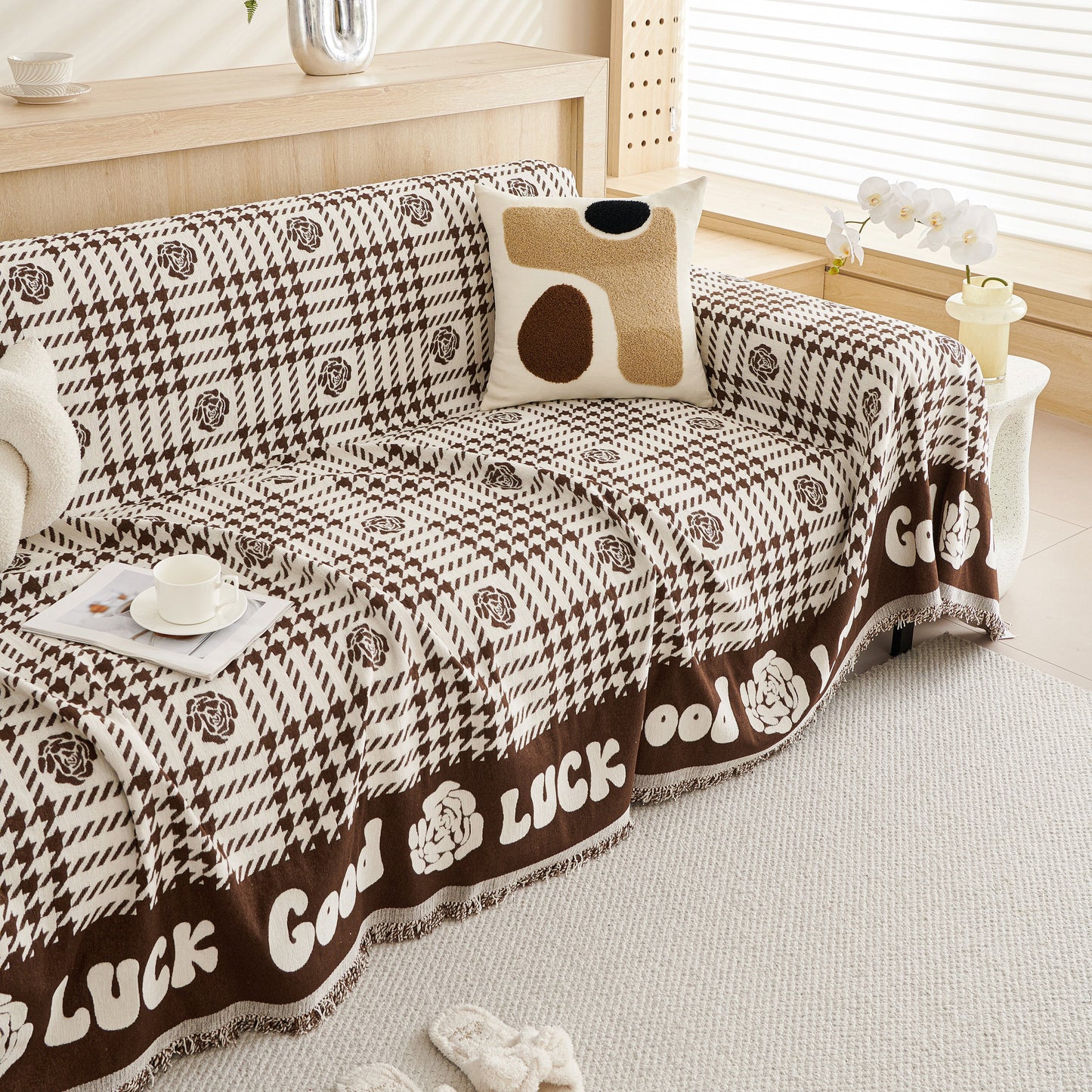 Chenille Houndstooth Sofa Throw Cover, Scratch Proof Cozy Throw Blankets for Couch