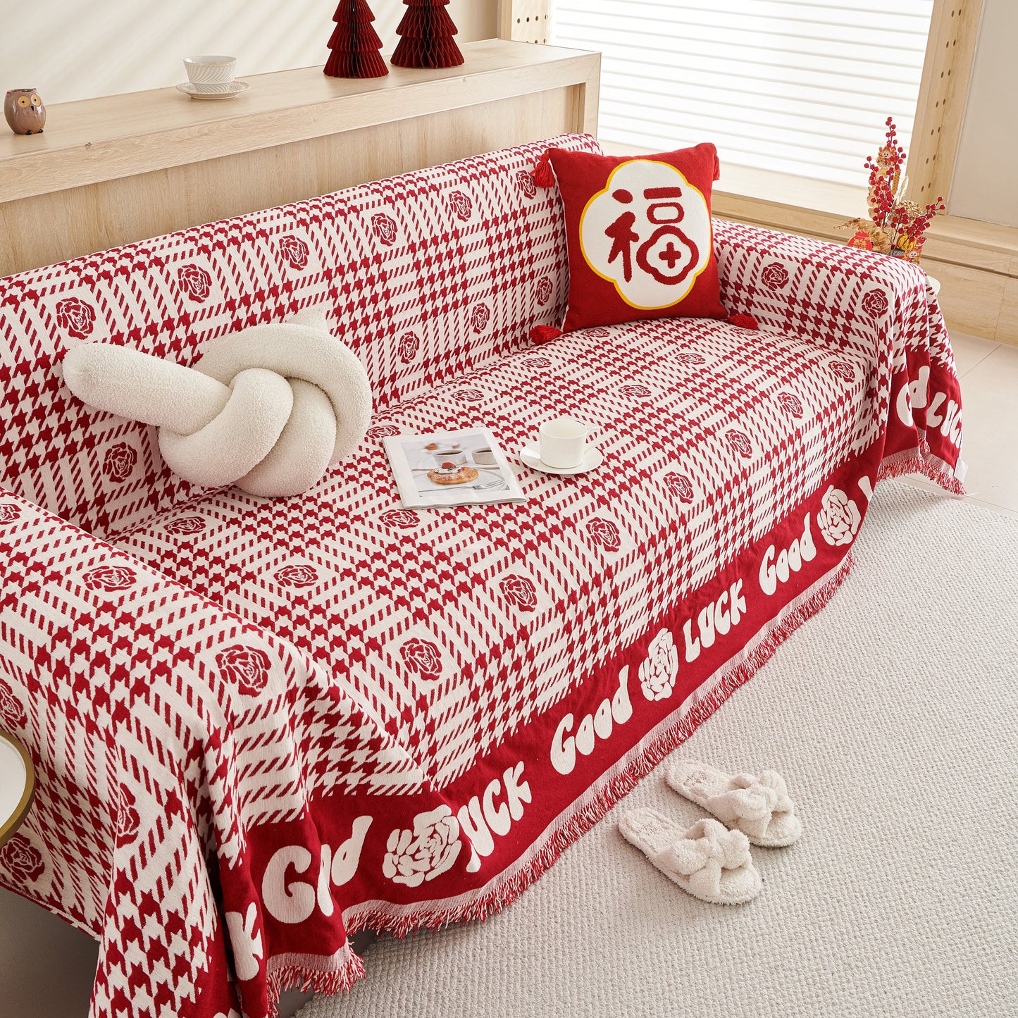 Chenille Houndstooth Sofa Throw Cover, Scratch Proof Cozy Throw Blankets for Couch