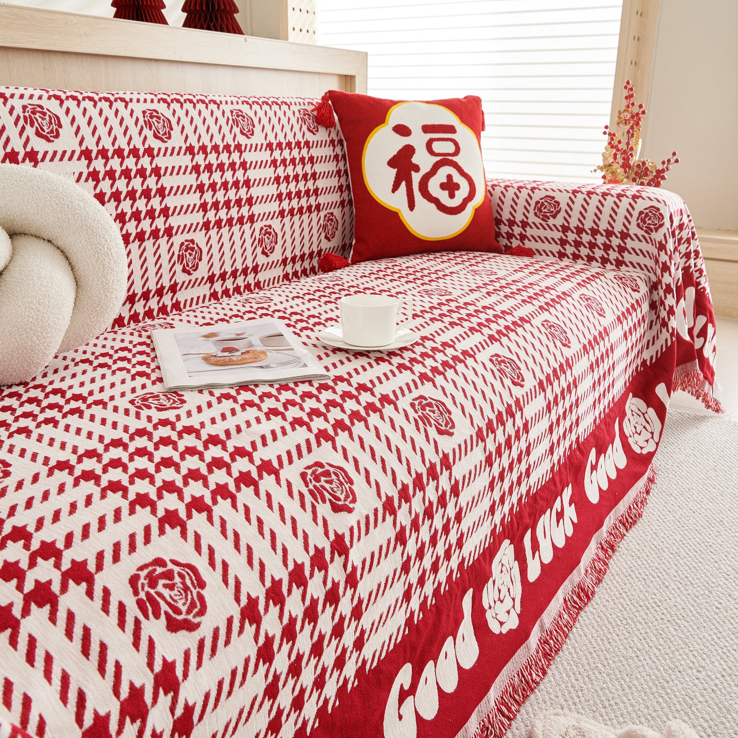 Chenille Houndstooth Sofa Throw Cover, Scratch Proof Cozy Throw Blankets for Couch