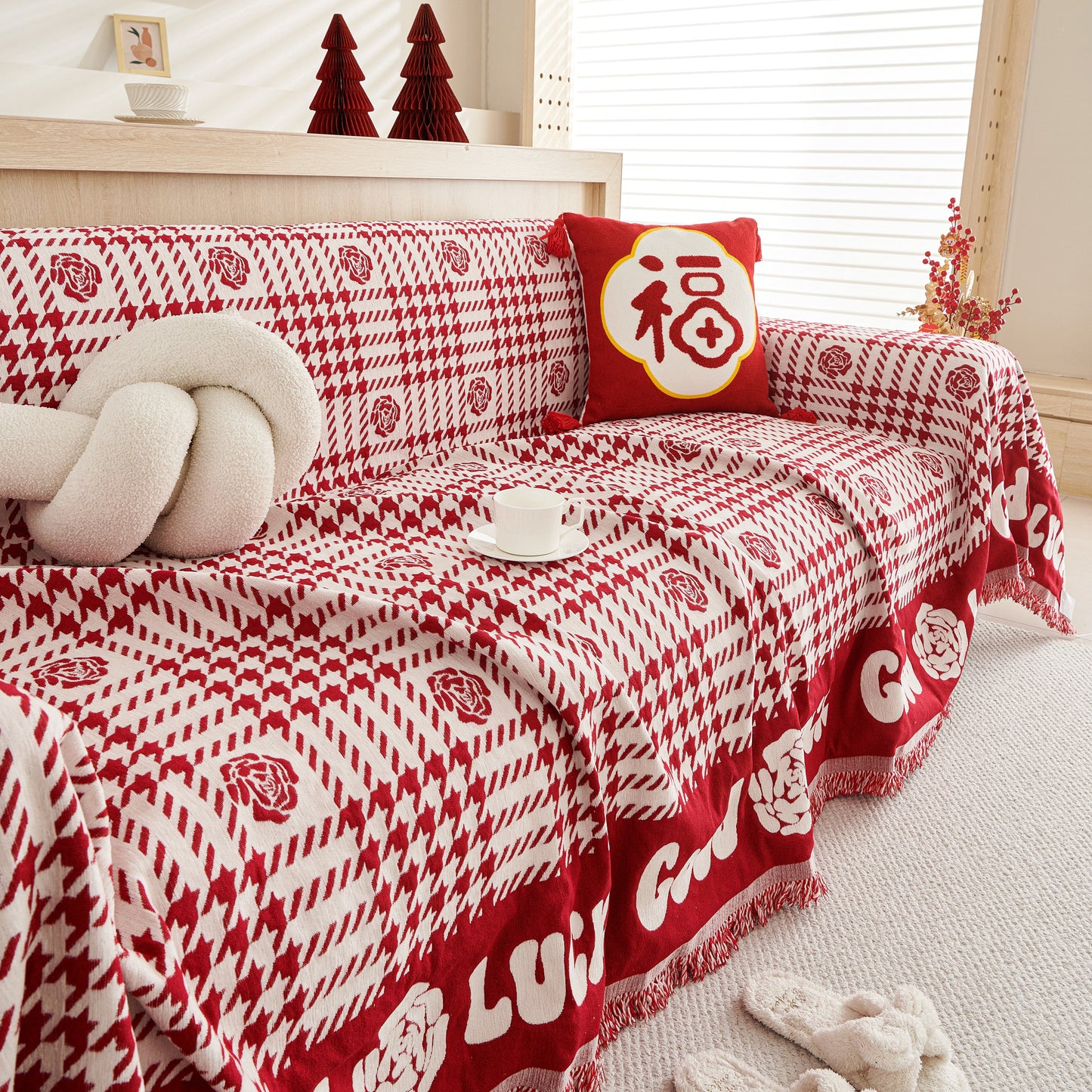 Chenille Houndstooth Sofa Throw Cover, Scratch Proof Cozy Throw Blankets for Couch