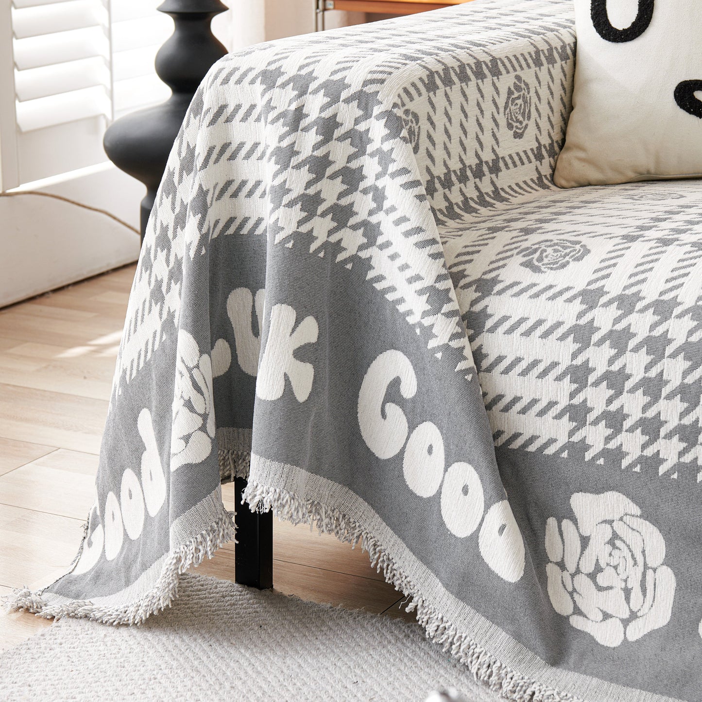 Chenille Houndstooth Sofa Throw Cover, Scratch Proof Cozy Throw Blankets for Couch