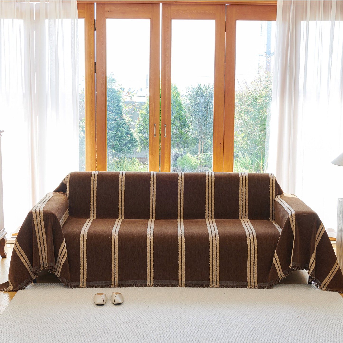 Textural Striped Chenille Sofa Covers, Boho Washable Decor Sofa Blankets Covers