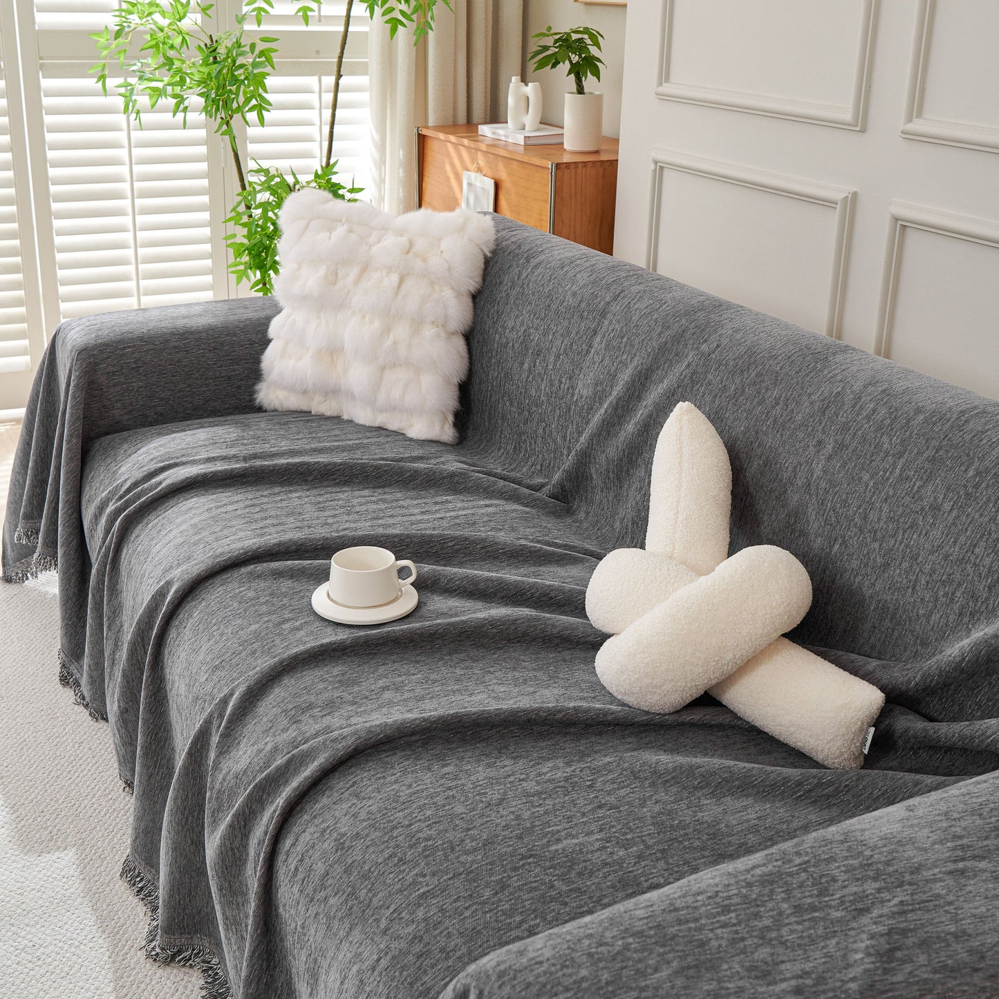 Solid Color Chenille Sofa Throw Blanket, Cozy & Easy Care Fringed Furniture Protector