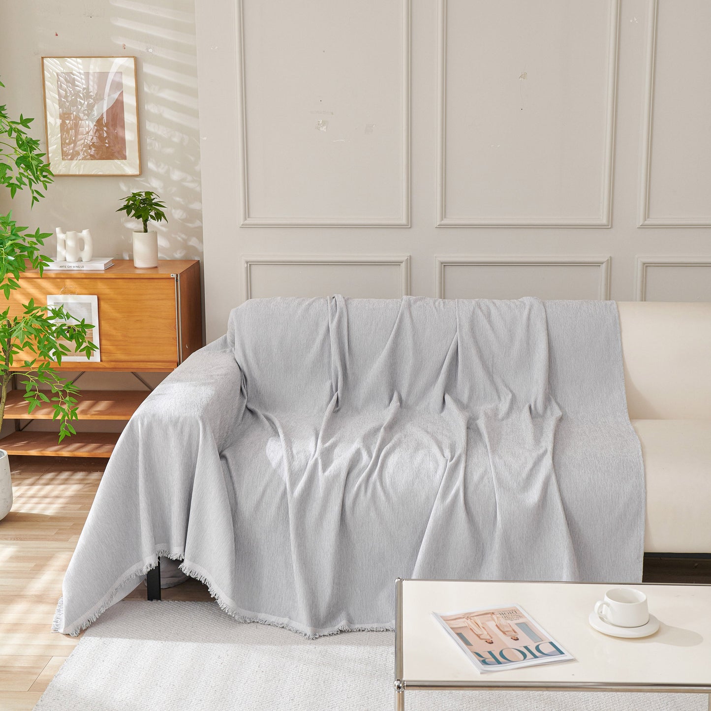 Solid Color Chenille Sofa Throw Blanket, Cozy & Easy Care Fringed Furniture Protector