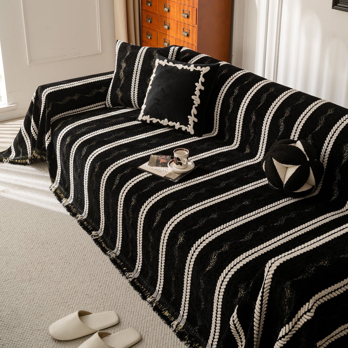 Boho Couch Throw Blanket with Textured Stripes, Sofa Cover for Living Room Decor