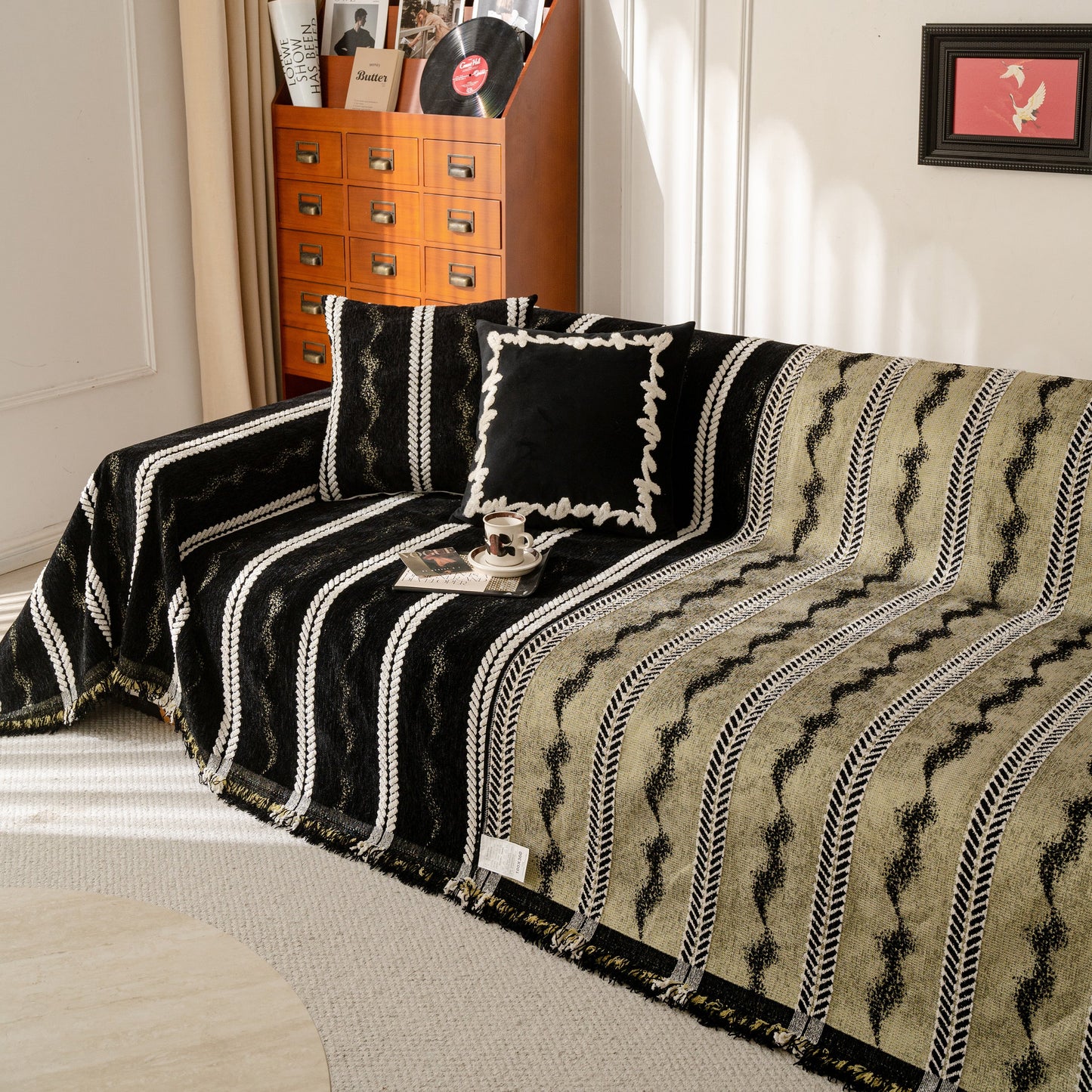 Boho Couch Throw Blanket with Textured Stripes, Sofa Cover for Living Room Decor