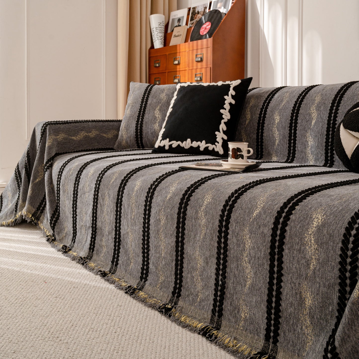 Boho Couch Throw Blanket with Textured Stripes, Sofa Cover for Living Room Decor