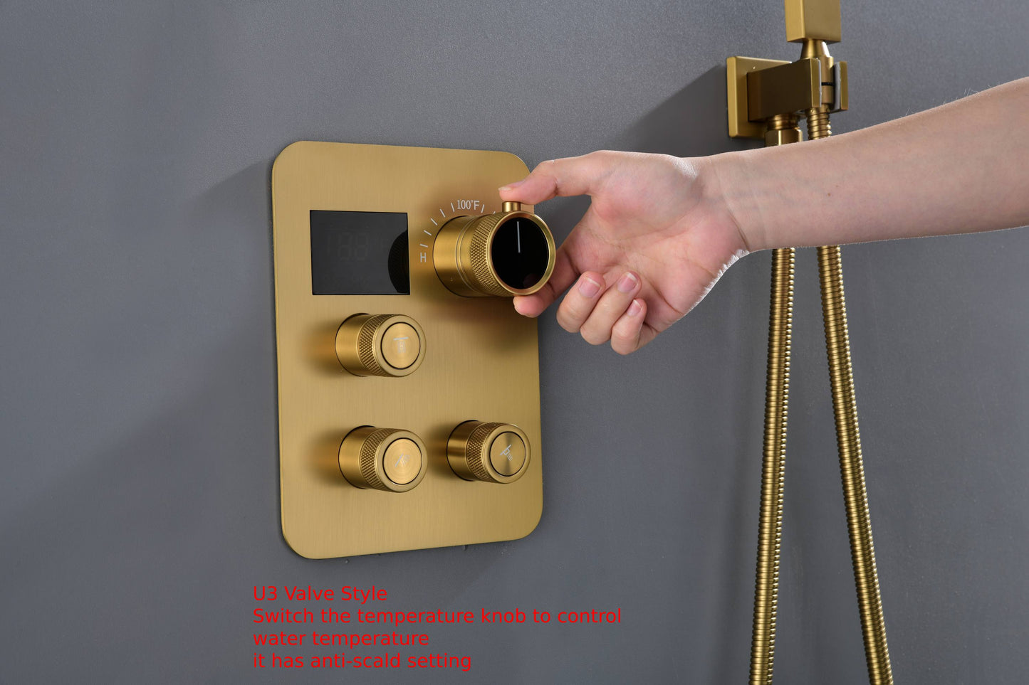 12" Brushed Gold Bluetooth Music, 64-Color LED Thermostatic Shower Faucet