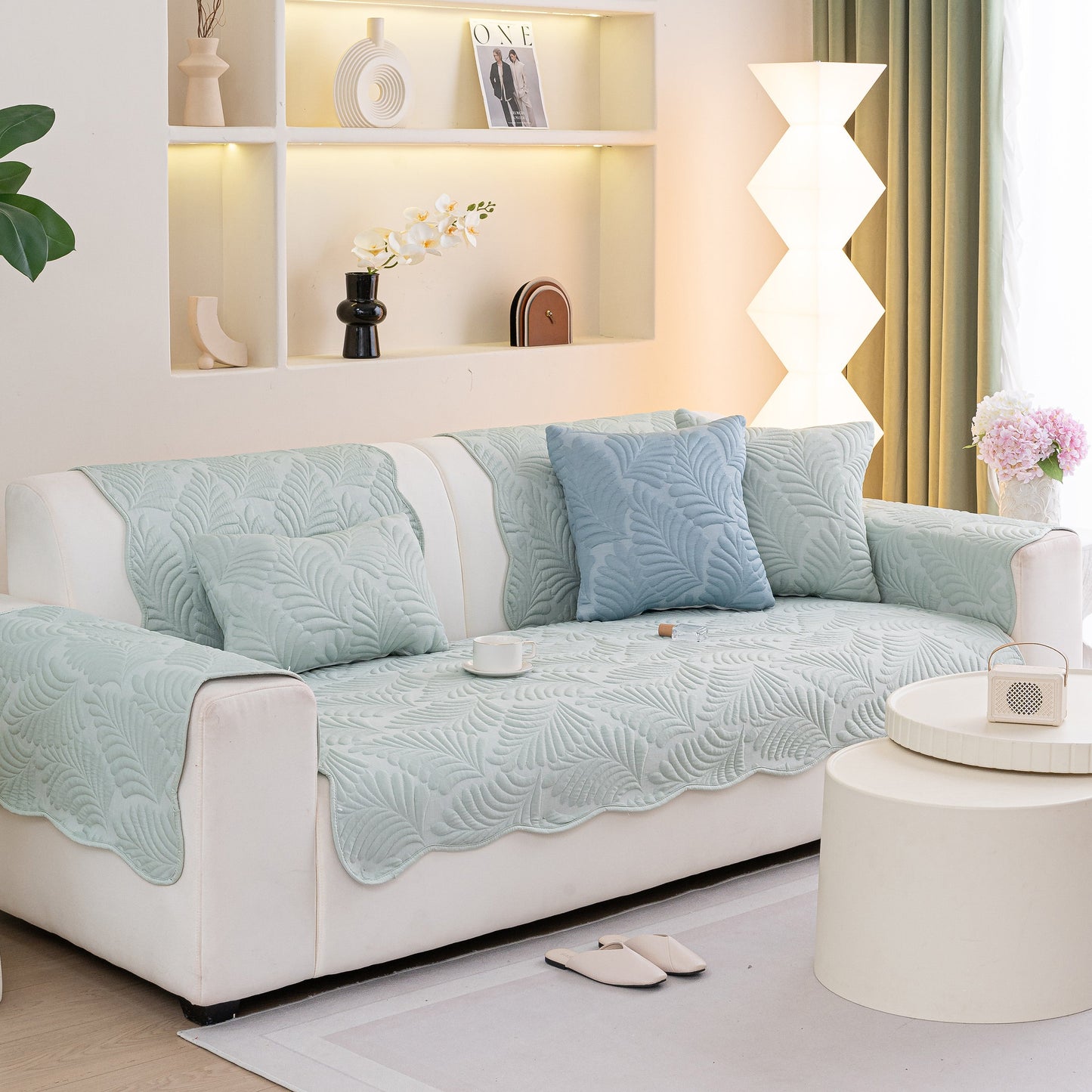 Sofa Cover for Leather & Fabric Couches, 3D Leaf Embossed Quilted Furniture Covers