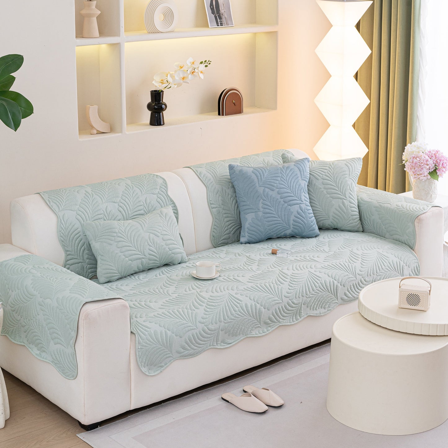 Sofa Cover for Leather & Fabric Couches, 3D Leaf Embossed Quilted Furniture Covers