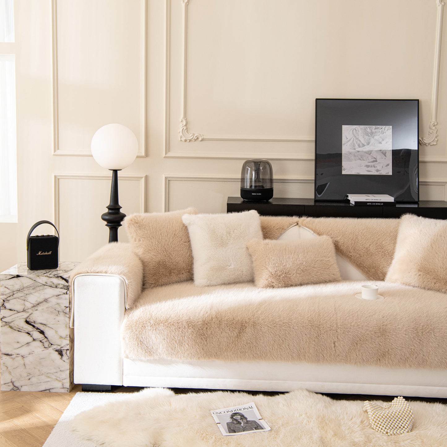 Faux Mink Velvet Luxury Fluffy Sofa Cushion, Winter Warm Thick Plush Non-slip Sofa Covers