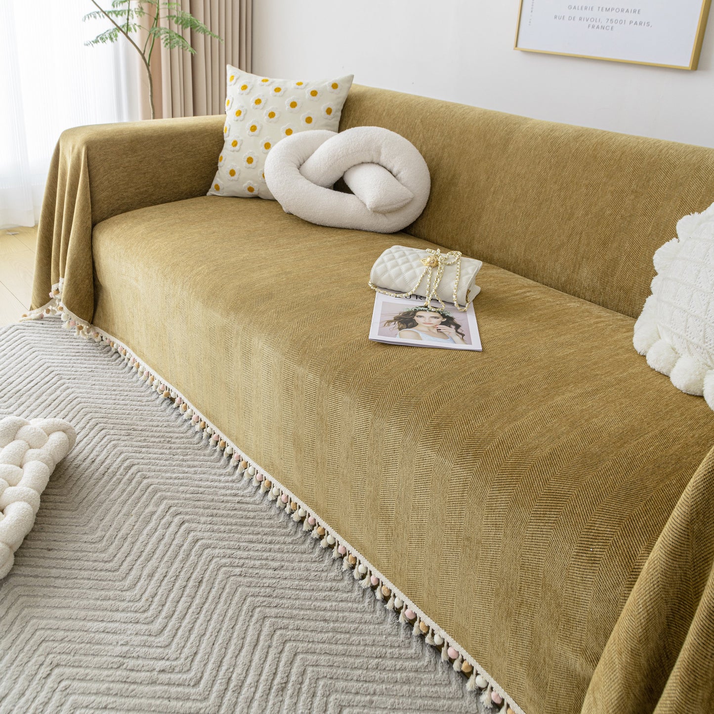 Couch Cover Sectional L Shape Chenille Herringbone Couch Throw Cover with Tassel Pom-Poms for Pets