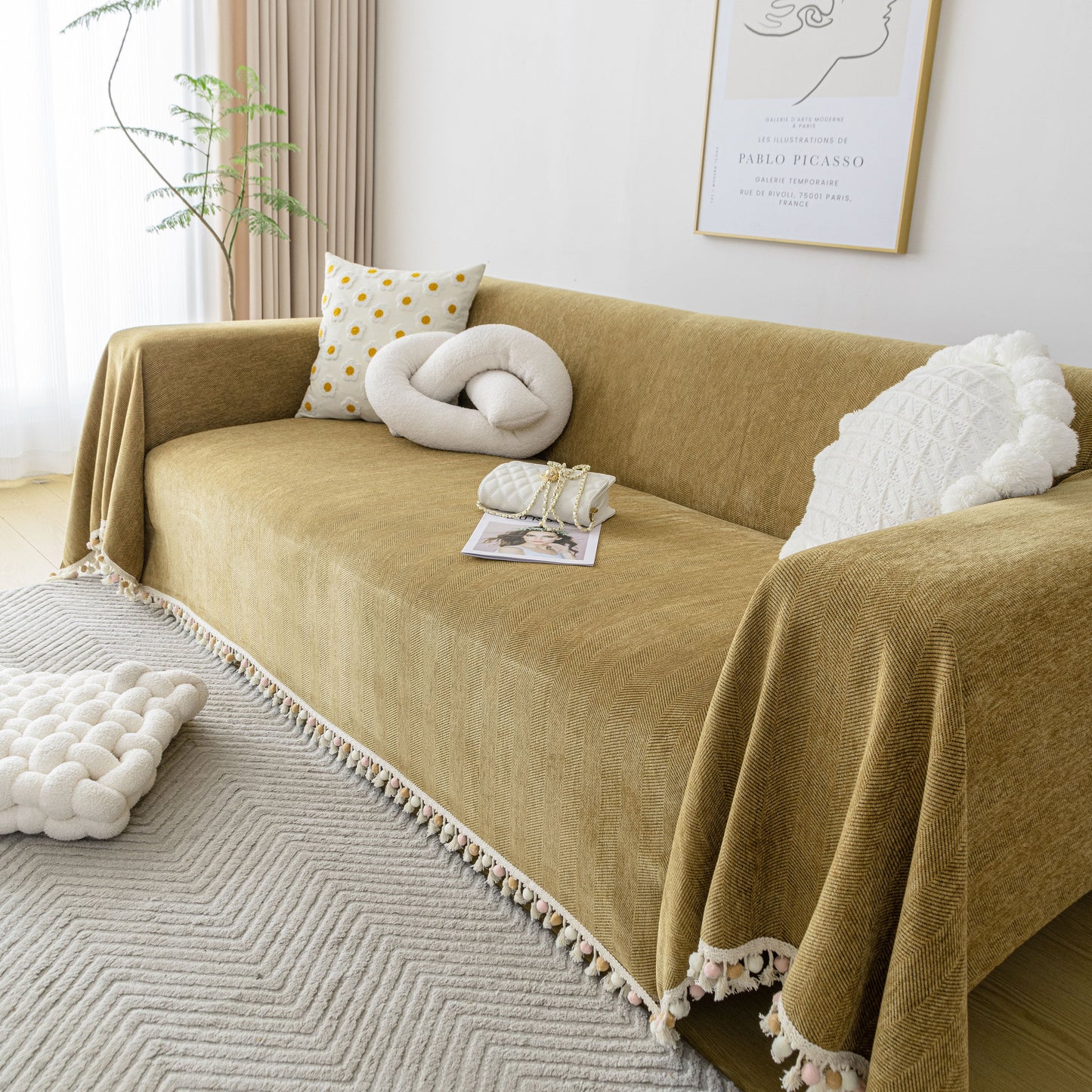 Boho Herringbone Sofa Throw Blanket with Pom Pom Tassels Stylish Furniture Slipcover