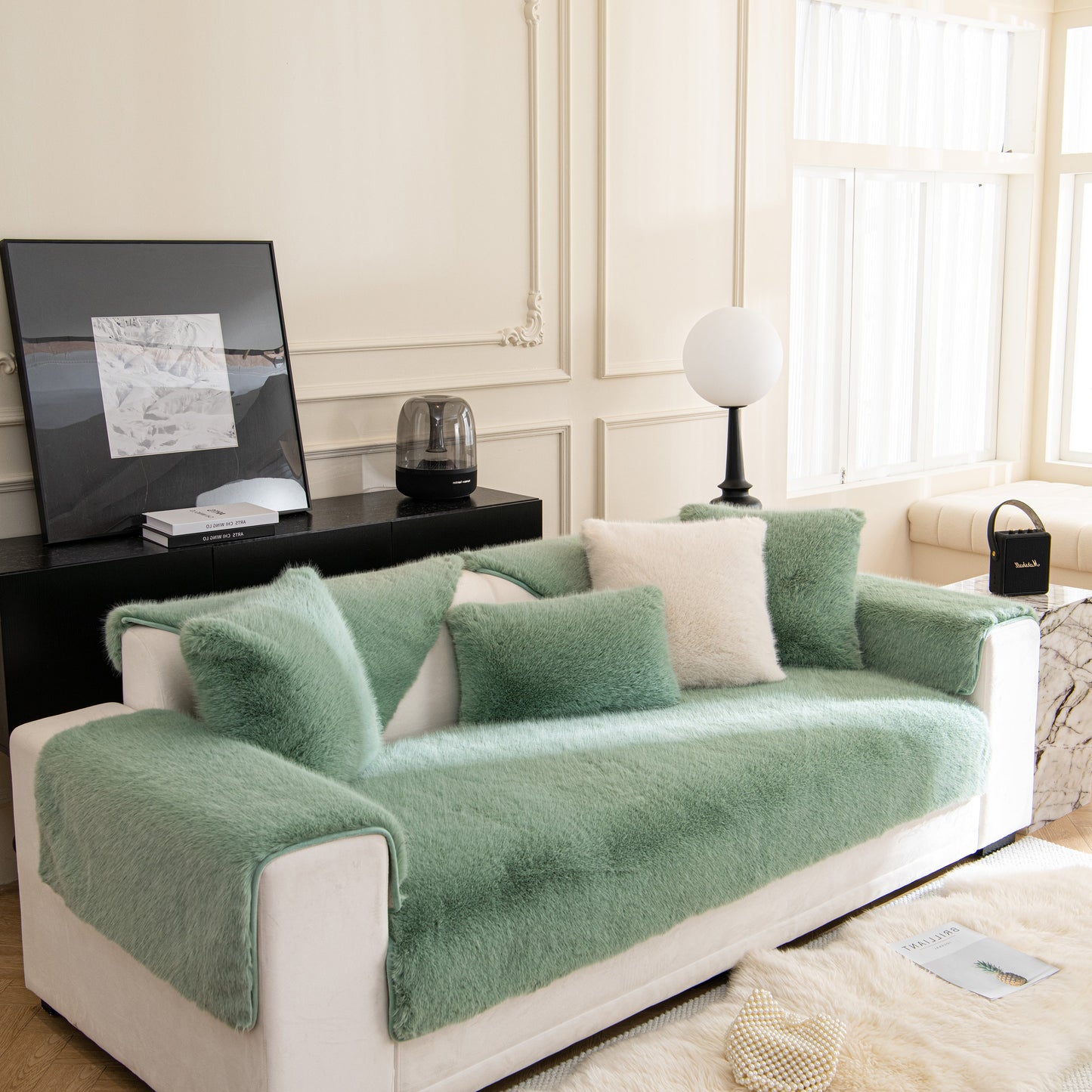 Faux Mink Velvet Luxury Fluffy Sofa Cushion, Winter Warm Thick Plush Non-slip Sofa Covers