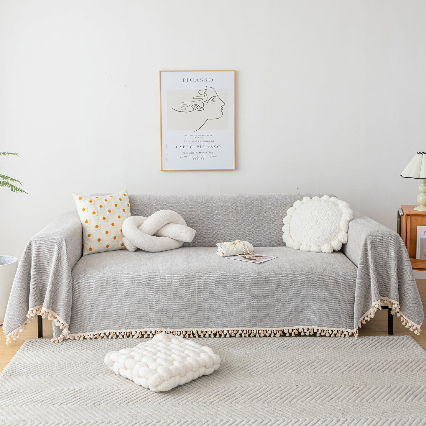 Couch Cover Sectional L Shape Chenille Herringbone Couch Throw Cover with Tassel Pom-Poms for Pets