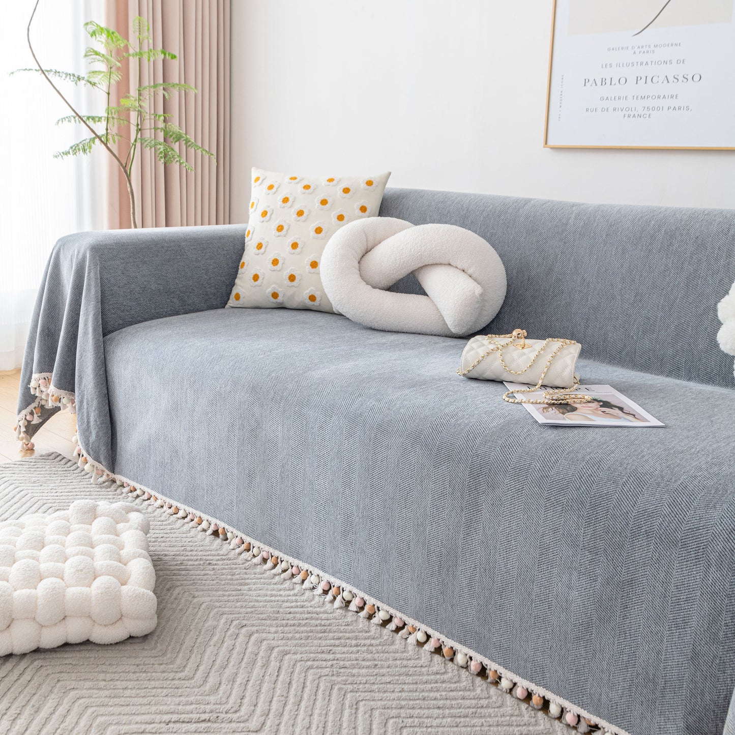 Boho Herringbone Sofa Throw Blanket with Pom Pom Tassels Stylish Furniture Slipcover