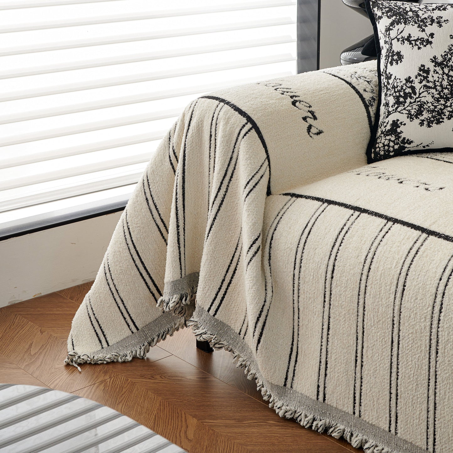 Chenille Striped Floral Couch Cover Sofa Slipcover for Most Shape Sofas, Reversible Sofa Throw Cover