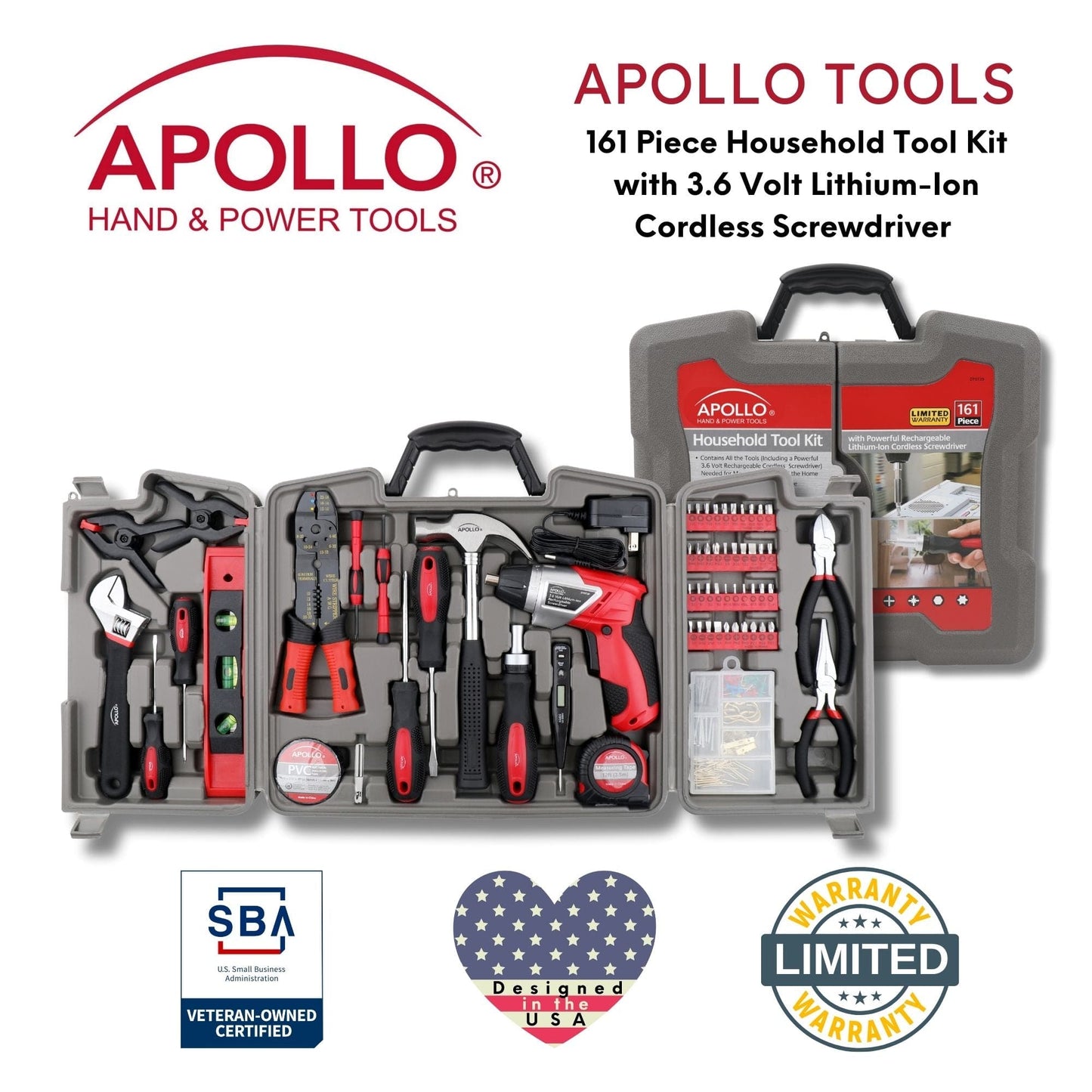161 Piece Household Tool Kit with Convenient 3.6 Volt Lithium Ion Cordless Screwdriver - DT0739